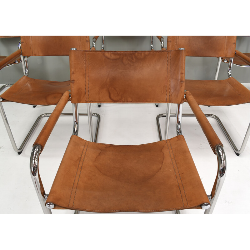 Set of 6 vintage S34 armchairs in saddle leather and chrome by Mart Stam for Fasem, Italy 1960