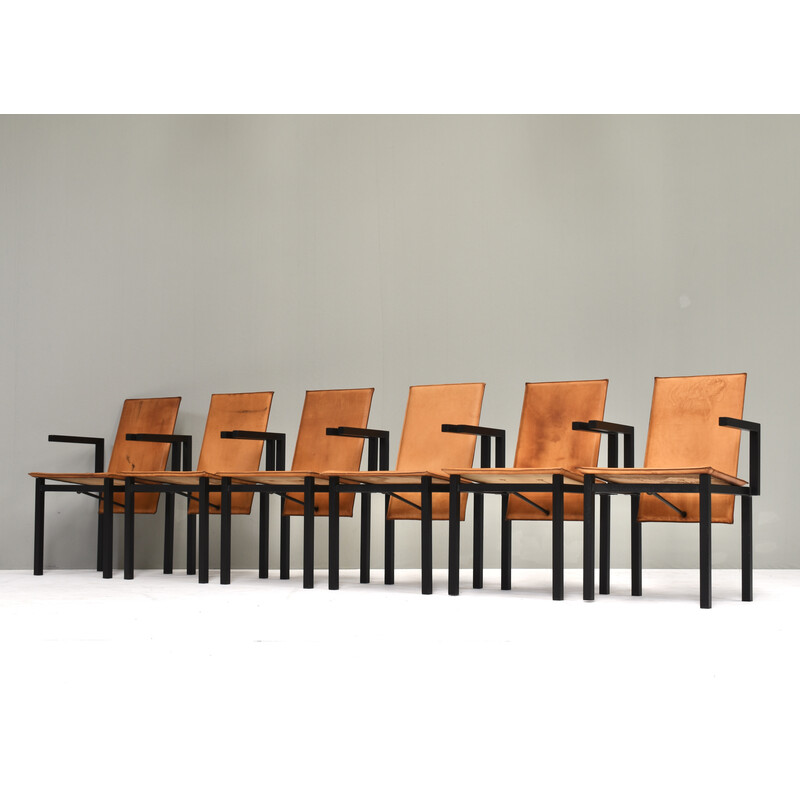 Set of 6 vintage dining chairs in black coated metal and beige cognac leather, Netherlands 1980