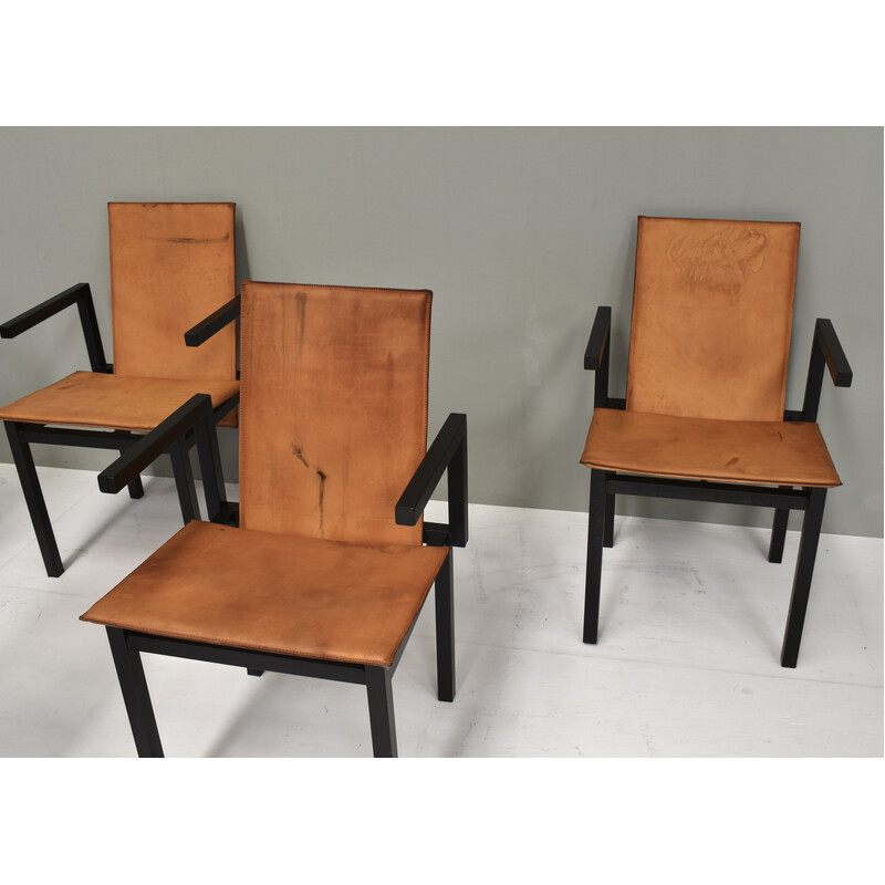 Set of 6 vintage dining chairs in black coated metal and beige cognac leather, Netherlands 1980