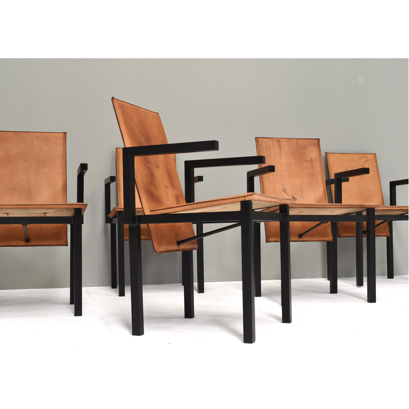 Set of 6 vintage dining chairs in black coated metal and beige cognac leather, Netherlands 1980