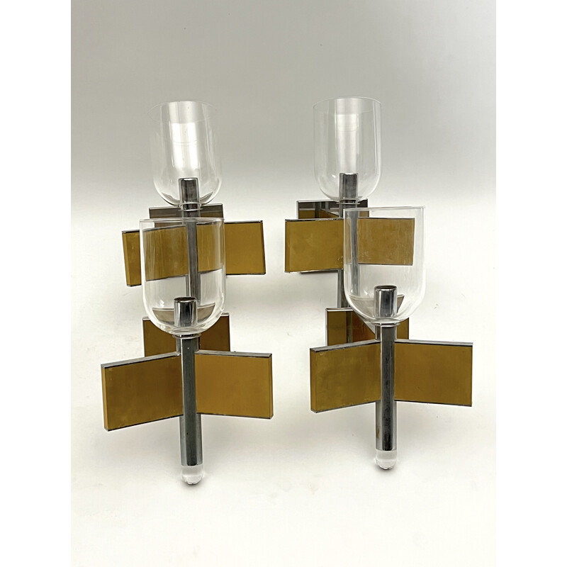 Set of 8 vintage brass and chrome wall lights for Sciolari, Italy 1970