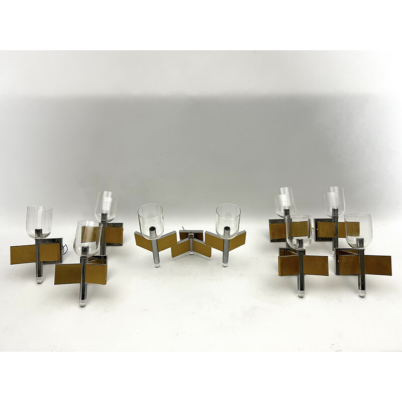 Set of 8 vintage brass and chrome wall lights for Sciolari, Italy 1970