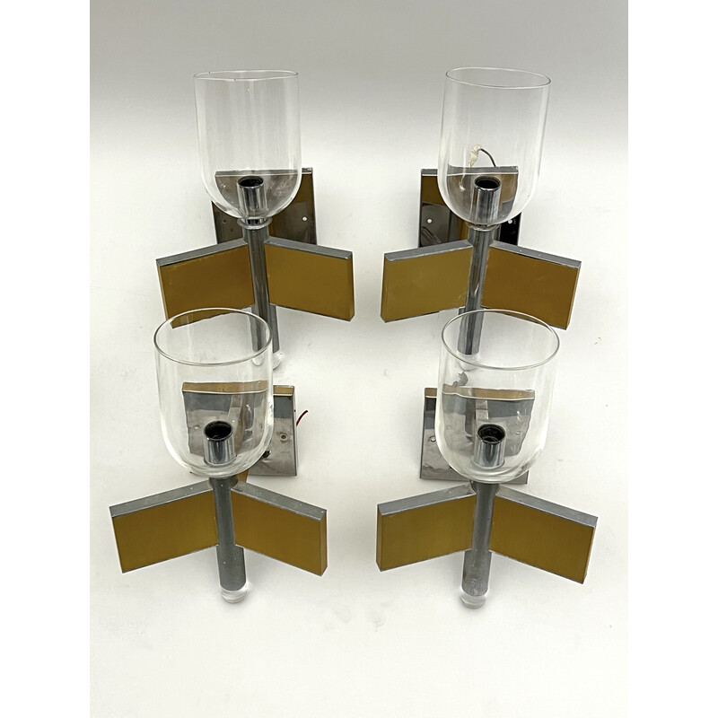 Set of 8 vintage brass and chrome wall lights for Sciolari, Italy 1970