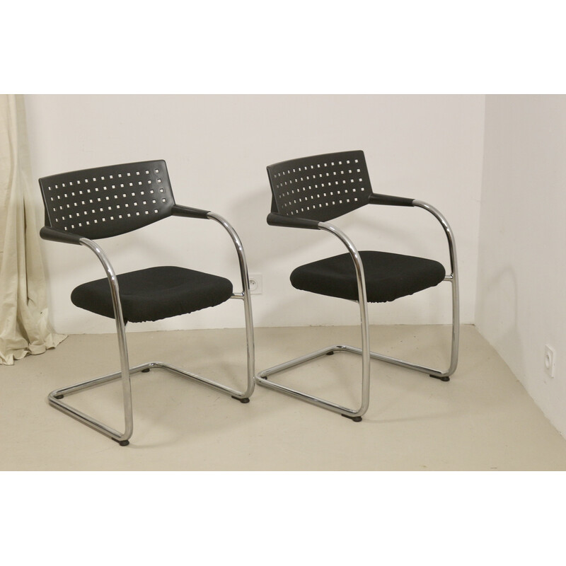 Pair of vintage Visavis chairs in brushed aluminum and fabric by Antonio Citterio and Glen Oliver Low for Vitra, 1990