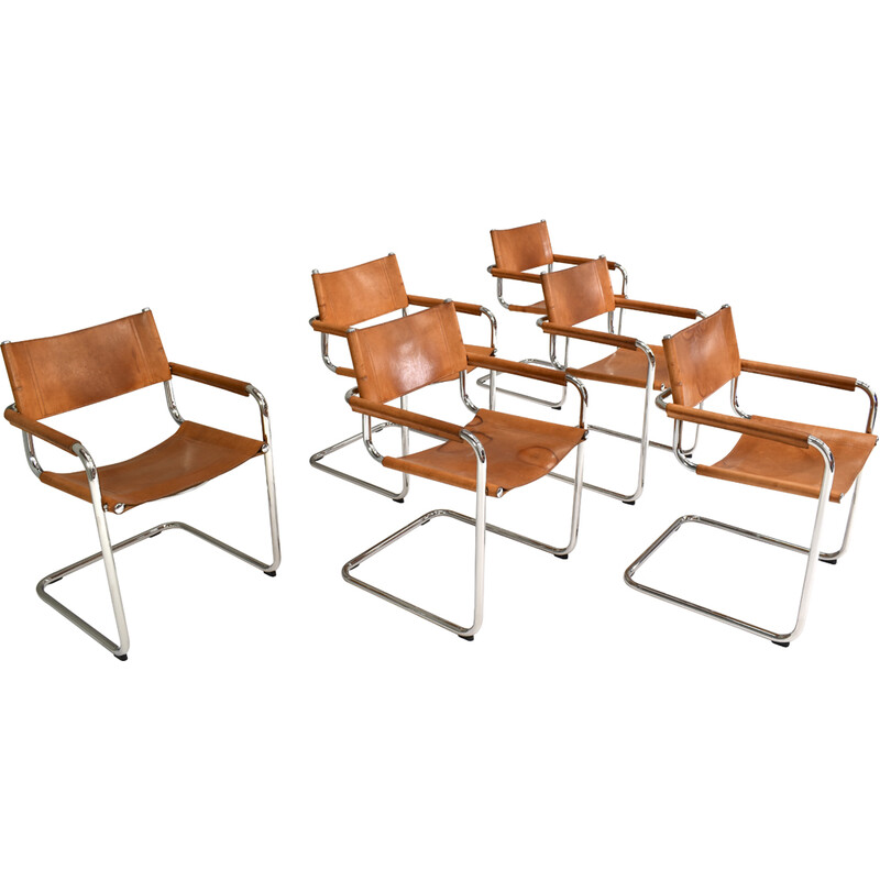 Set of 6 vintage S34 armchairs in saddle leather and chrome by Mart Stam for Fasem, Italy 1960