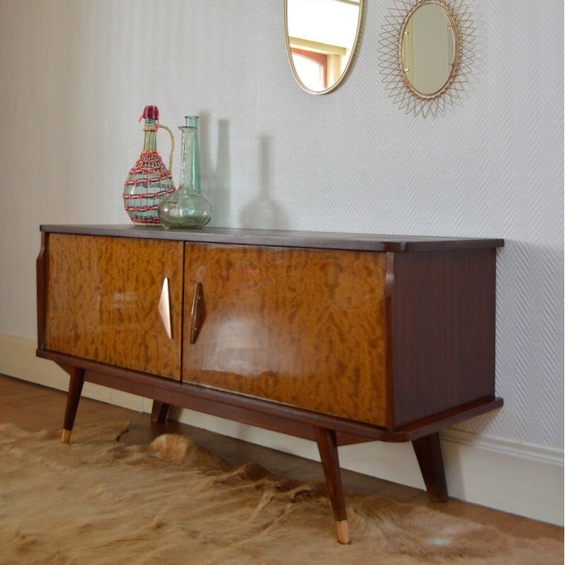 Small vintage sideboard in mahogany and burr wood - 1950s