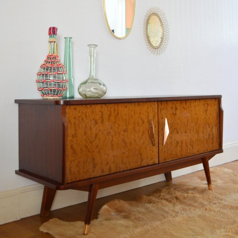 Small vintage sideboard in mahogany and burr wood - 1950s