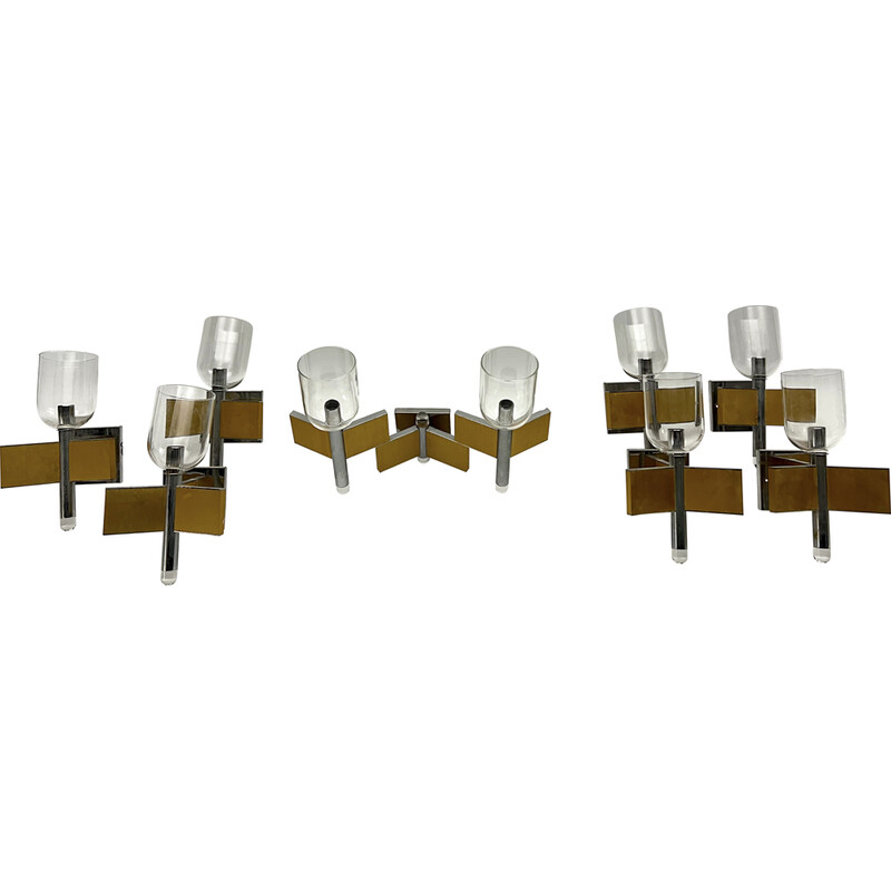 Set of 8 vintage brass and chrome wall lights for Sciolari, Italy 1970