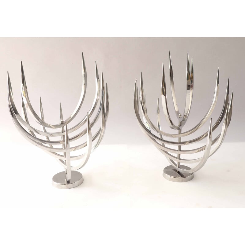 Pair of vintage stainless steel candlestick by Xavier Feal for Inox Industrie, 1970
