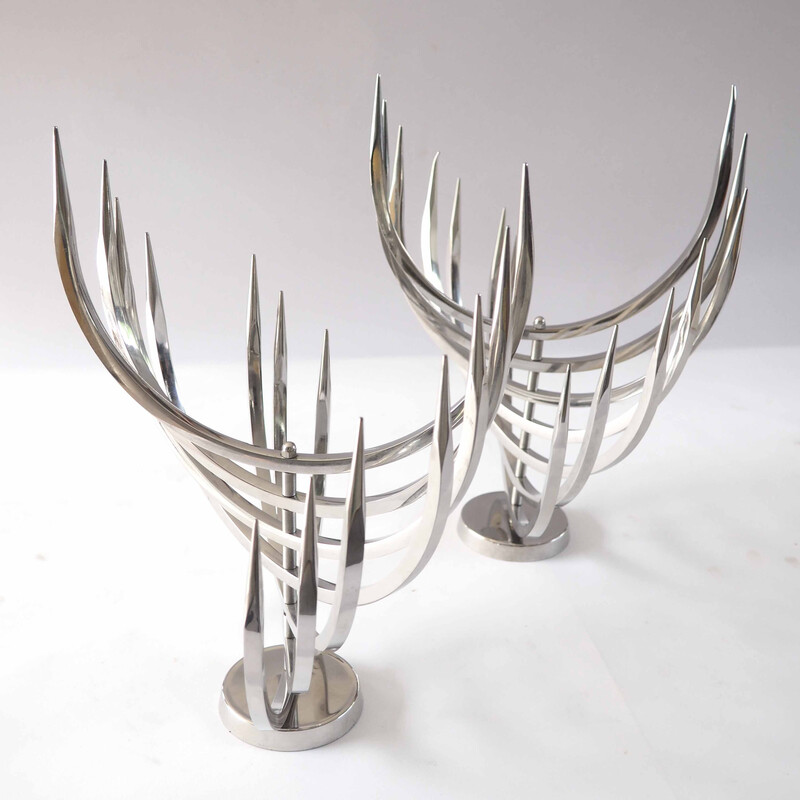 Pair of vintage stainless steel candlestick by Xavier Feal for Inox Industrie, 1970