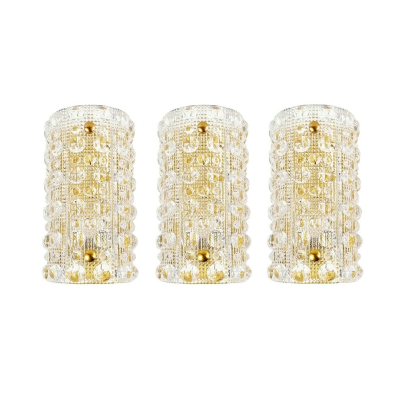 Vintage Venus wall lights in crystal glass and brass by Carl Fagerlund for Orrefors for Lyfa, Denmark 1960