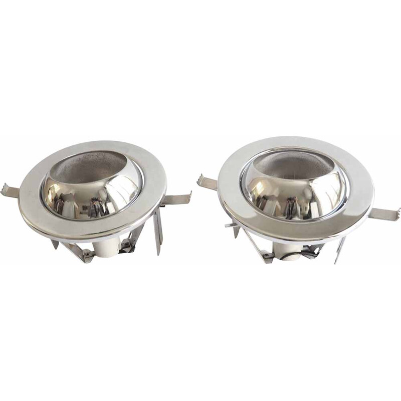 Pair of vintage chrome-plated stainless steel and ceramic spotlights for Targetti, 1970