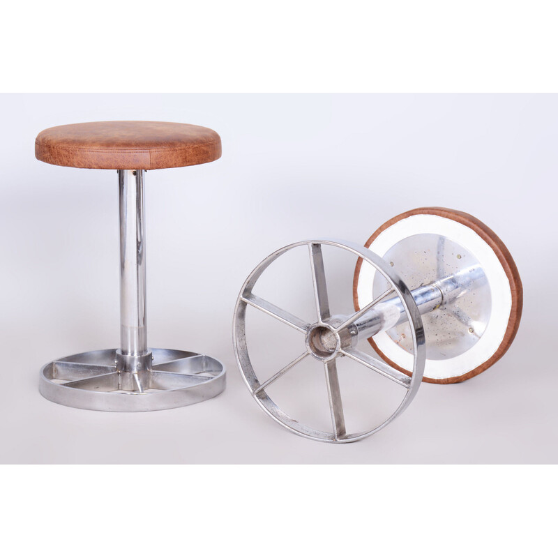 Pair of vintage Bauhaus stools in chrome steel and brown leather, Czechoslovakia 1939