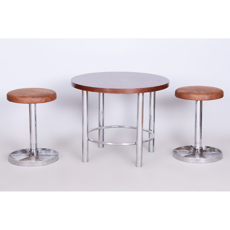 Pair of vintage Bauhaus stools in chrome steel and brown leather, Czechoslovakia 1939