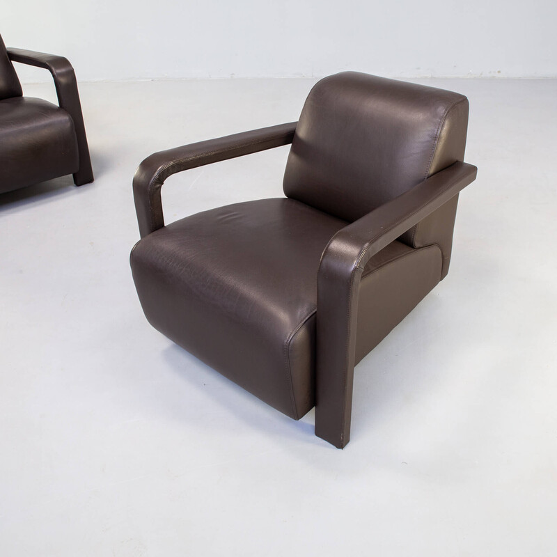 Paire de fauteuils vitange 'Hemmingway' en cuir marron foncé par Hugo pour Leolux