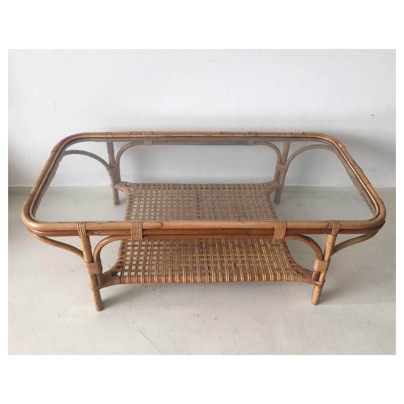 Rattan and glass rectangular coffee table - 1960s