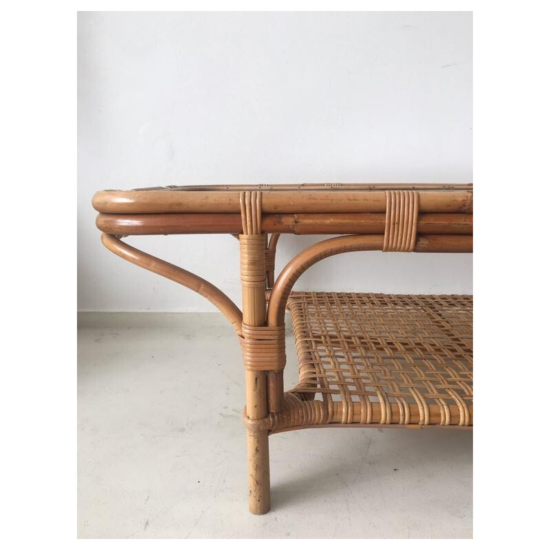 Rattan and glass rectangular coffee table - 1960s