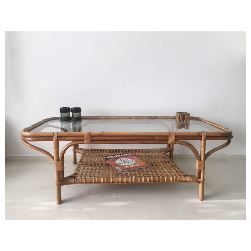 Rattan and glass rectangular coffee table - 1960s