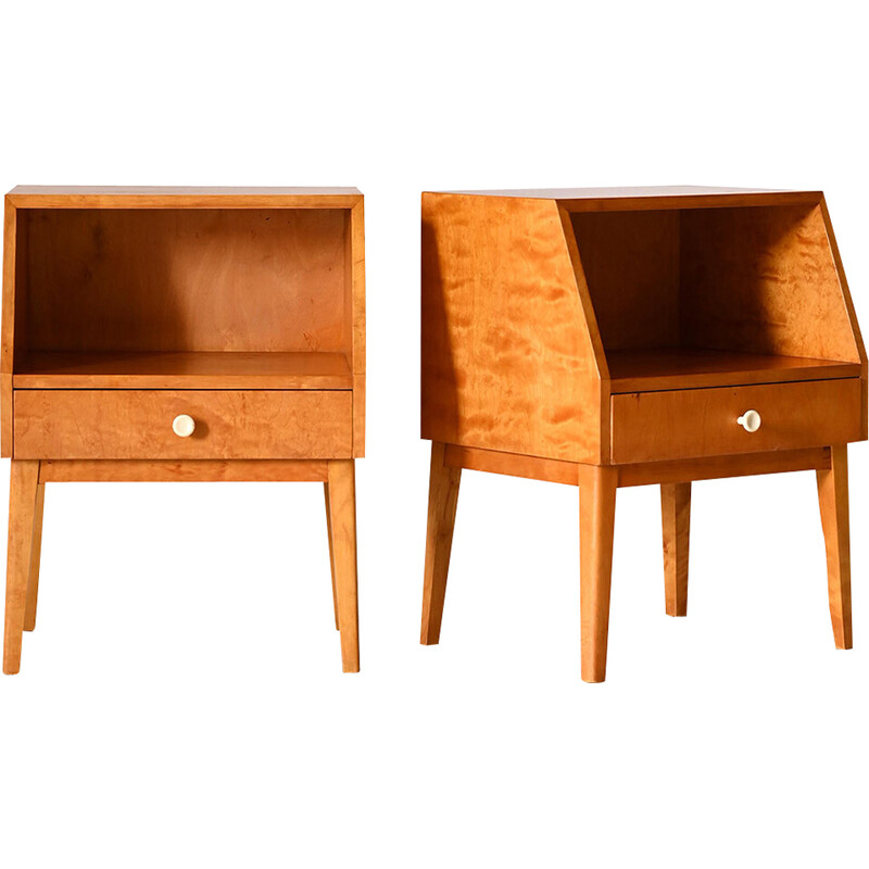 Pair of vintage briar bedside tables with drawer, 1940