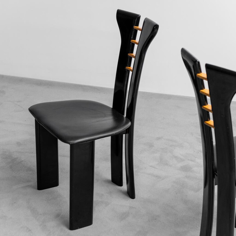 Vintage dining set in black lacquered wood and brown leather by Pierre Cardin for Roche Bobois, France 1980