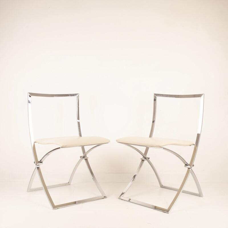 Vintage "Luisa" chairs in chrome steel and white skai by Marcello Cuneo for Mobel, Italy 1970