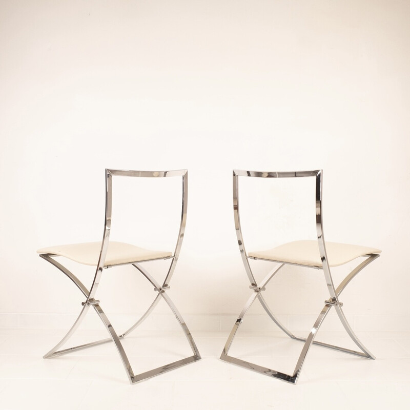 Vintage "Luisa" chairs in chrome steel and white skai by Marcello Cuneo for Mobel, Italy 1970