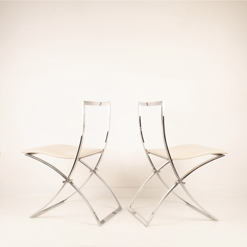 Vintage "Luisa" chairs in chrome steel and white skai by Marcello Cuneo for Mobel, Italy 1970