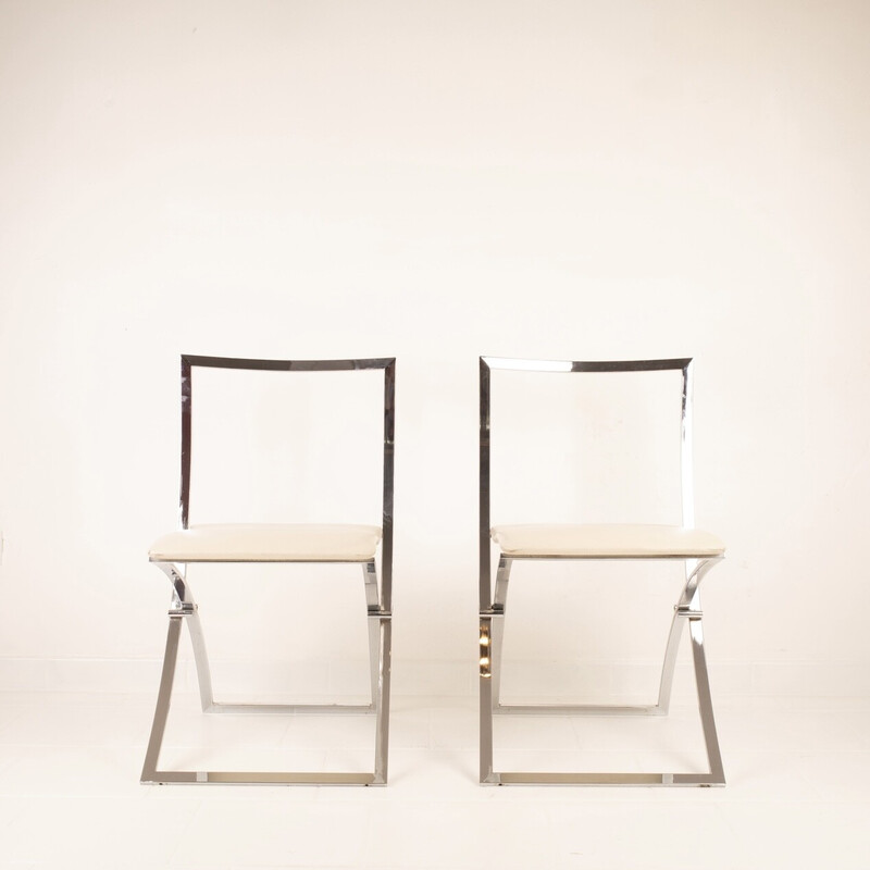 Vintage "Luisa" chairs in chrome steel and white skai by Marcello Cuneo for Mobel, Italy 1970