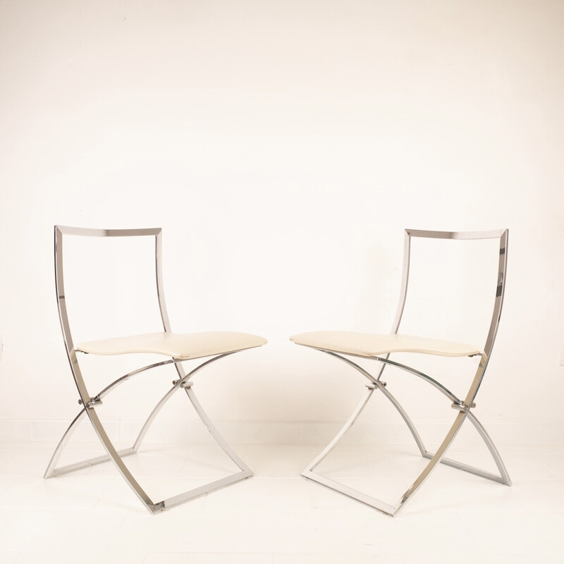 Vintage "Luisa" chairs in chrome steel and white skai by Marcello Cuneo for Mobel, Italy 1970