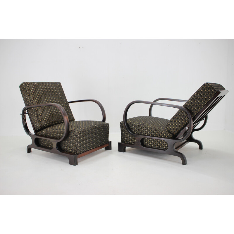 Pair of vintage Art Deco armchairs in stained beech wood and fabric, Czechoslovakia 1930