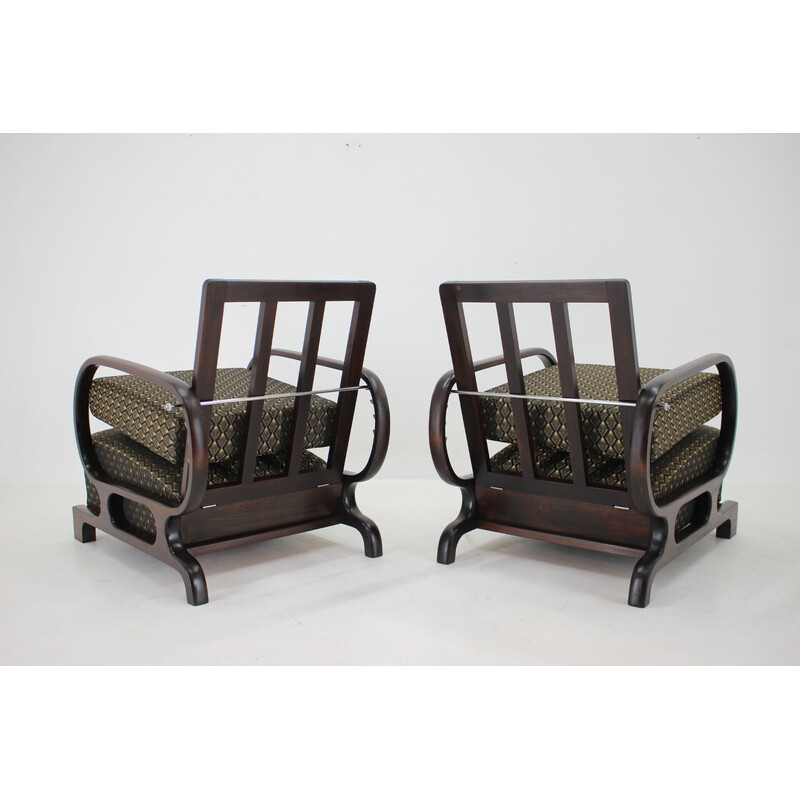 Pair of vintage Art Deco armchairs in stained beech wood and fabric, Czechoslovakia 1930