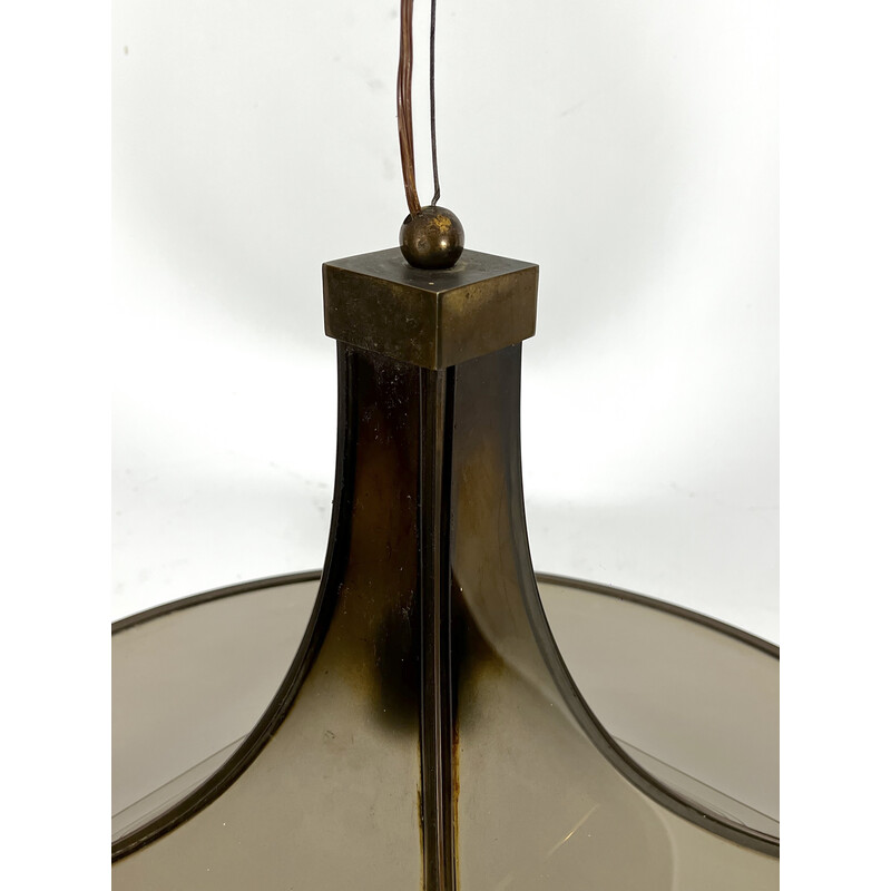 Vintage Pagoda chandelier in brass and curved glass, 1960