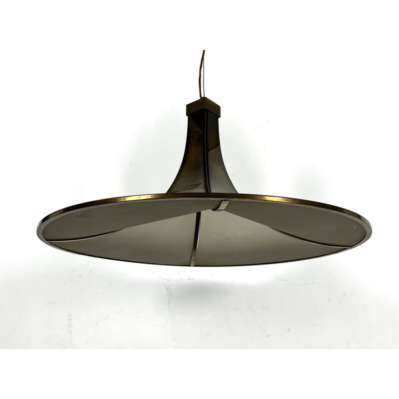 Vintage Pagoda chandelier in brass and curved glass, 1960