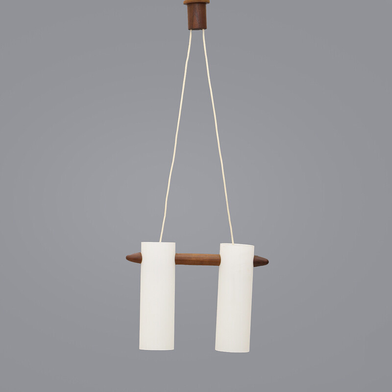 Vintage pendant lamp in opaline glass and teak by Uno and Östen Kristiansson for Luxus, Sweden 1960