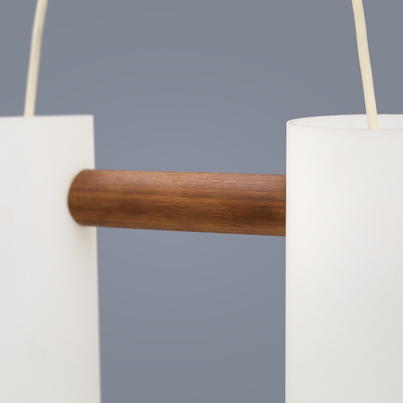 Vintage pendant lamp in opaline glass and teak by Uno and Östen Kristiansson for Luxus, Sweden 1960