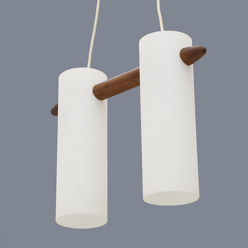 Vintage pendant lamp in opaline glass and teak by Uno and Östen Kristiansson for Luxus, Sweden 1960
