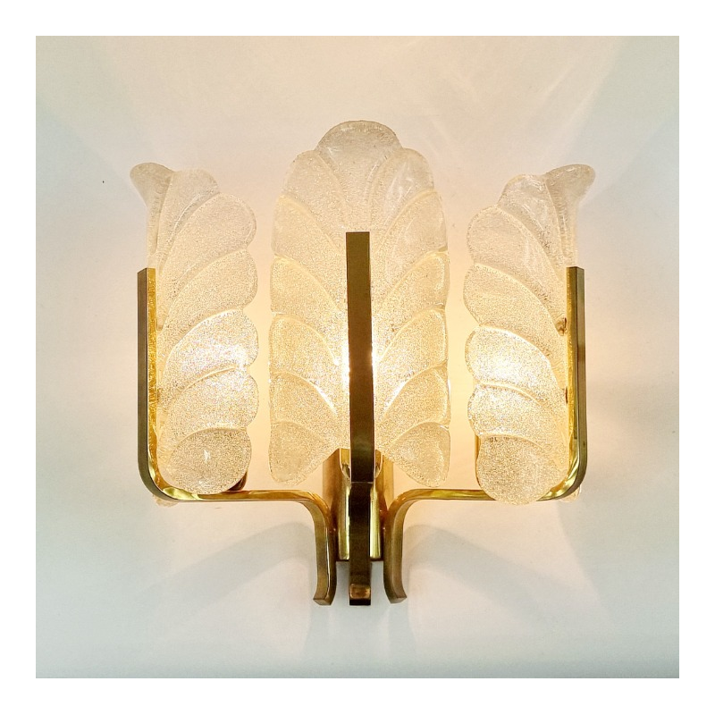 Vintage glass and brass wall lamp by Carl Fagerlund for Orrefors, 1960