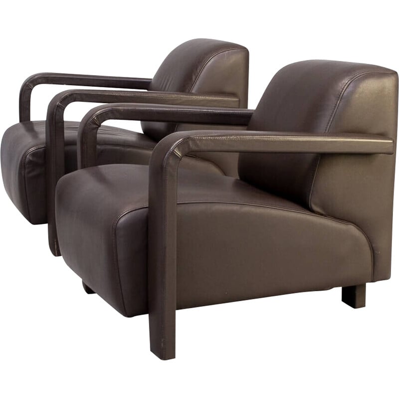 Pair of vitange 'Hemmingway' armchairs in dark brown leather by Hugo for Leolux