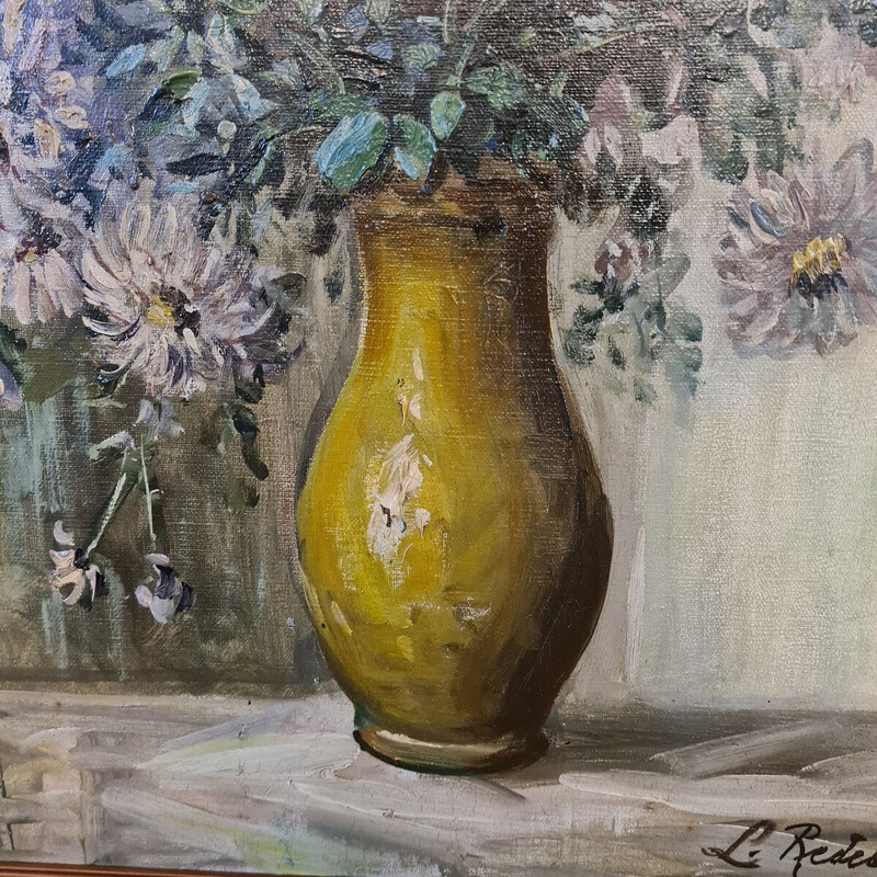 Vintage painting representing a still life with asters by L. Redeau, 1930