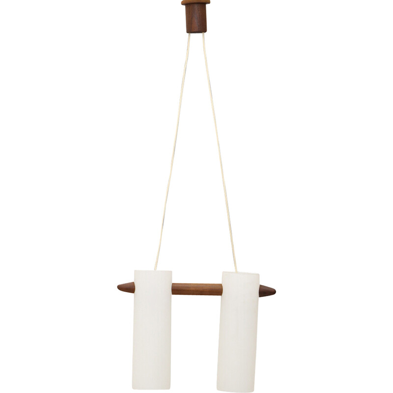 Vintage pendant lamp in opaline glass and teak by Uno and Östen Kristiansson for Luxus, Sweden 1960