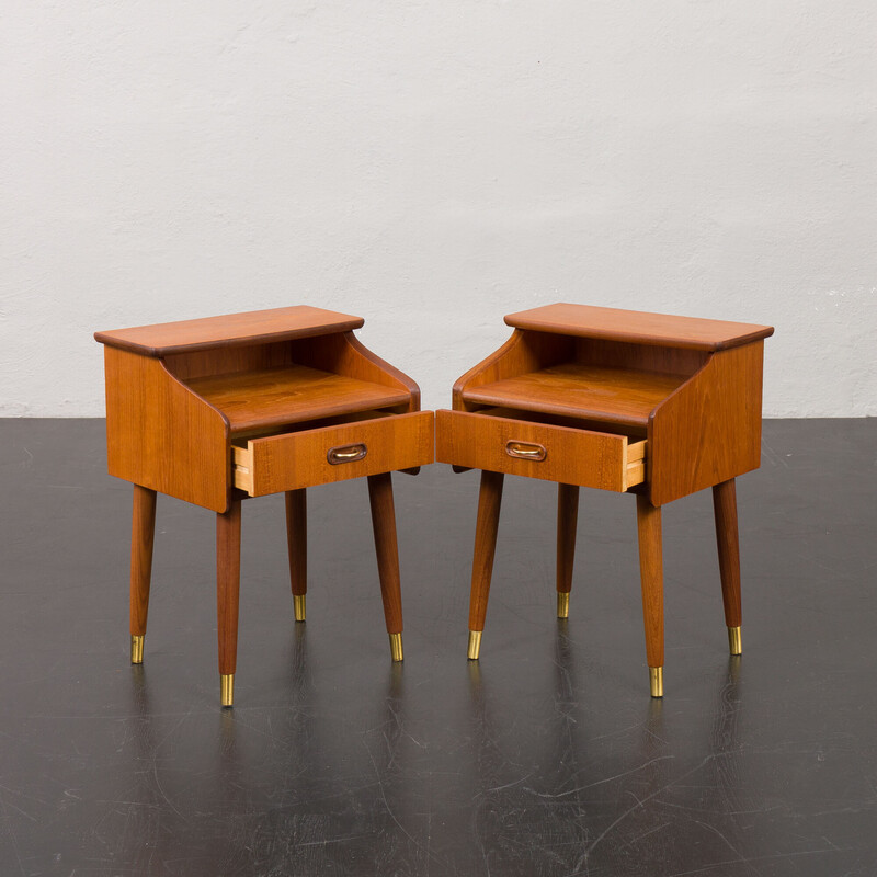 Pair of vintage teak and brass bedside tables, 1960