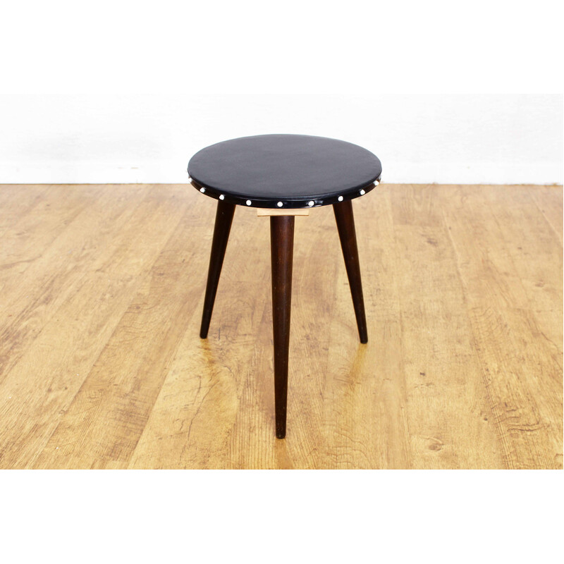 Vintage Rockabilly stool in wood and black vinyl, 1970
