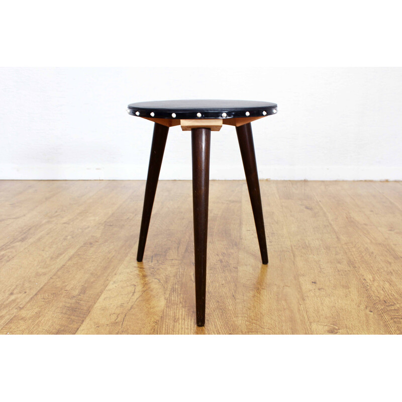 Vintage Rockabilly stool in wood and black vinyl, 1970