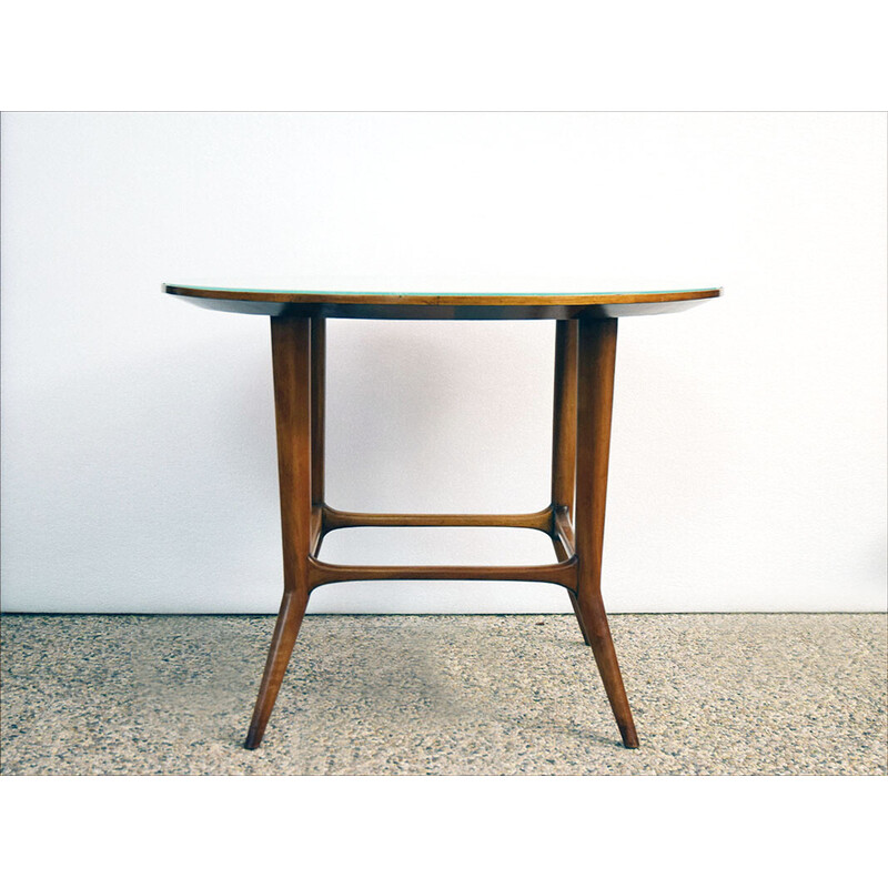 Vintage round table in solid walnut wood and glass, 1950