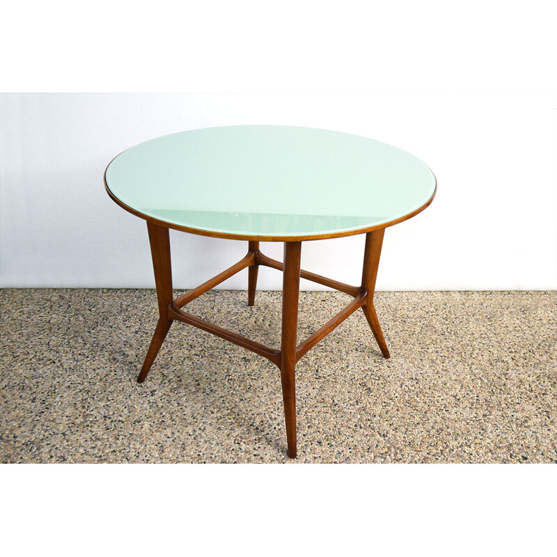 Vintage round table in solid walnut wood and glass, 1950