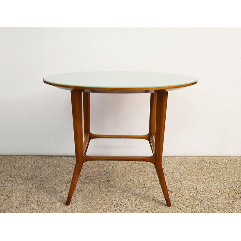 Vintage round table in solid walnut wood and glass, 1950