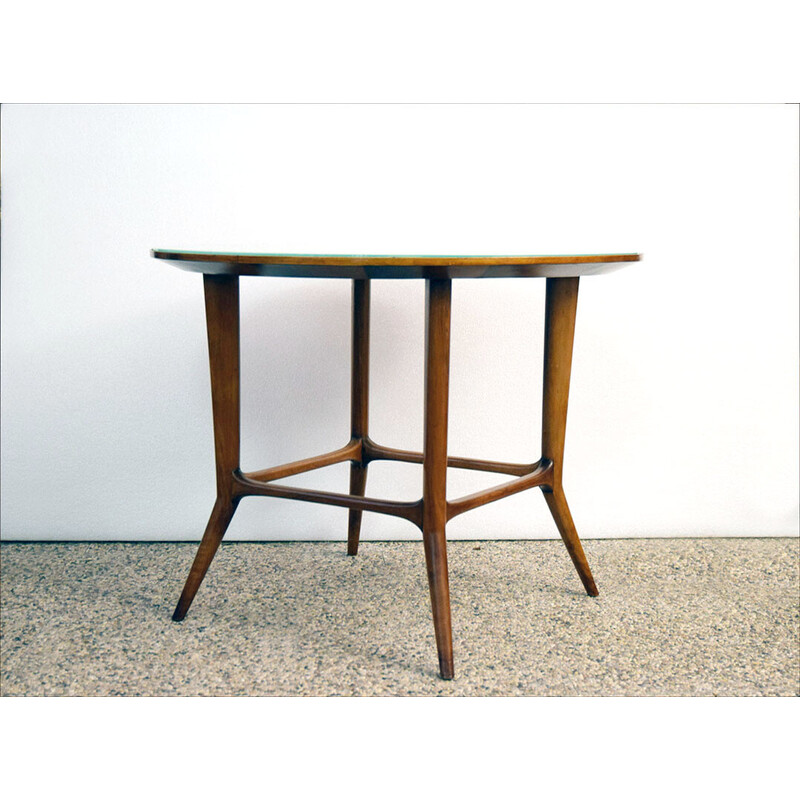 Vintage round table in solid walnut wood and glass, 1950