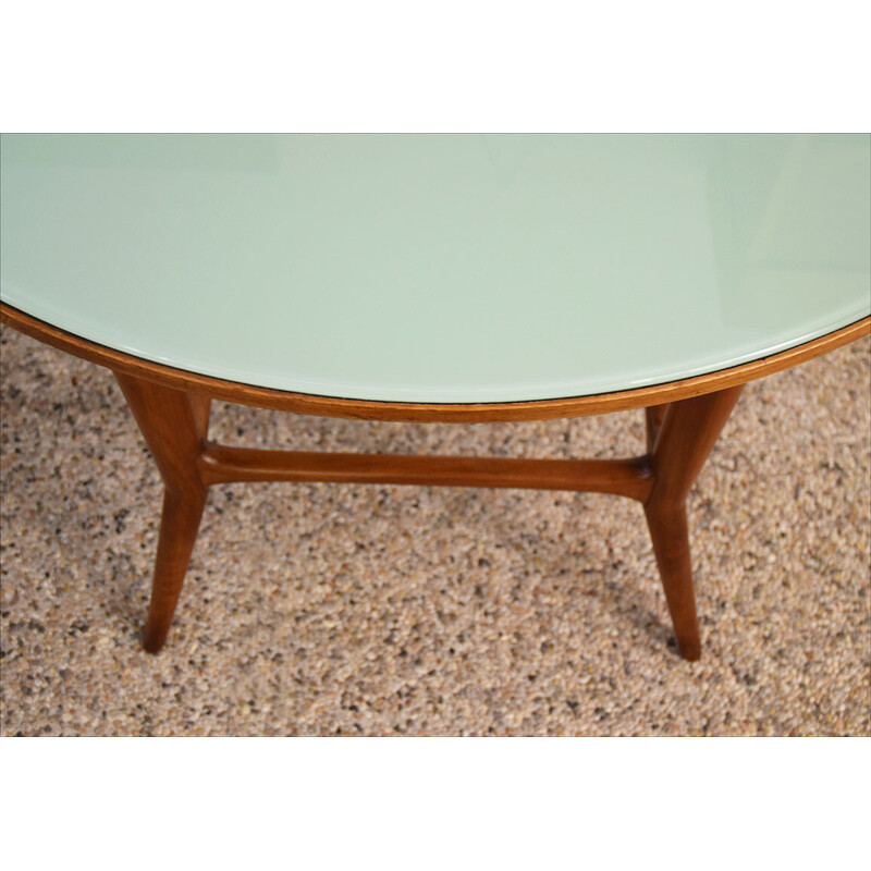 Vintage round table in solid walnut wood and glass, 1950