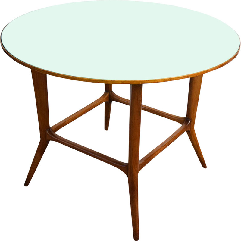 Table vintage ronde en bois de noyer massif et verre, 1950