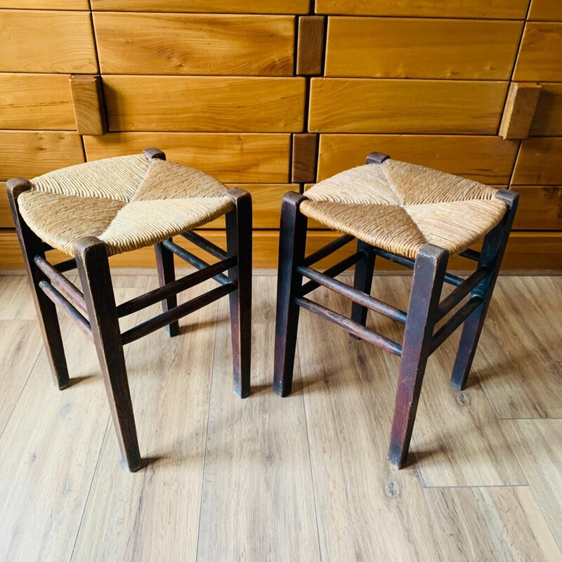 Paire de tabourets vintage en bois et paille